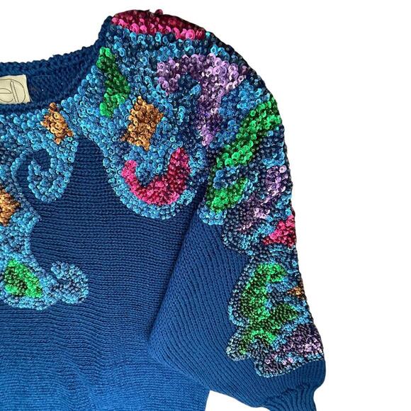 Nannell Hand-Knit Sequin Scroll Sweater – Jewel Tone Embellishment – Size L - Picture 2 of 8